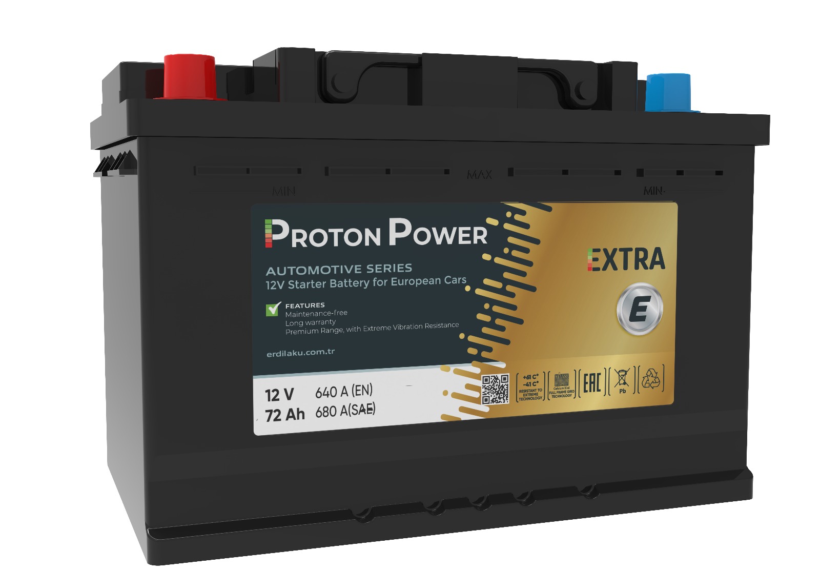 12 V 72AH 640A(EN) 680(SAE) CA/CA BATTERY  PROTON POWER EXTRA AKÜ BİNEK DÜZ KUTUP STANDART L3 BAKIMLI
